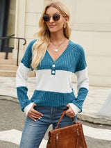 Color Block V-Neck Long Sleeve T-Shirt - Trendsi - Flyclothing LLC