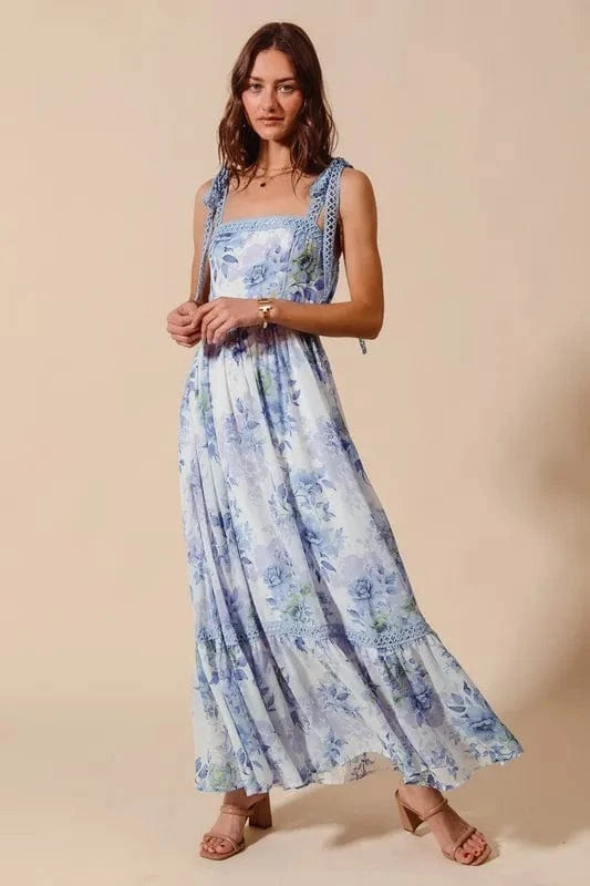 SO ME Floral Print Flowy Maxi Dress with Lace Ribbon Tie - Trendsi