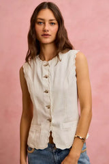 SO ME Scalloped Edge Cotton Twill Washed Vest Top - Trendsi - Flyclothing LLC