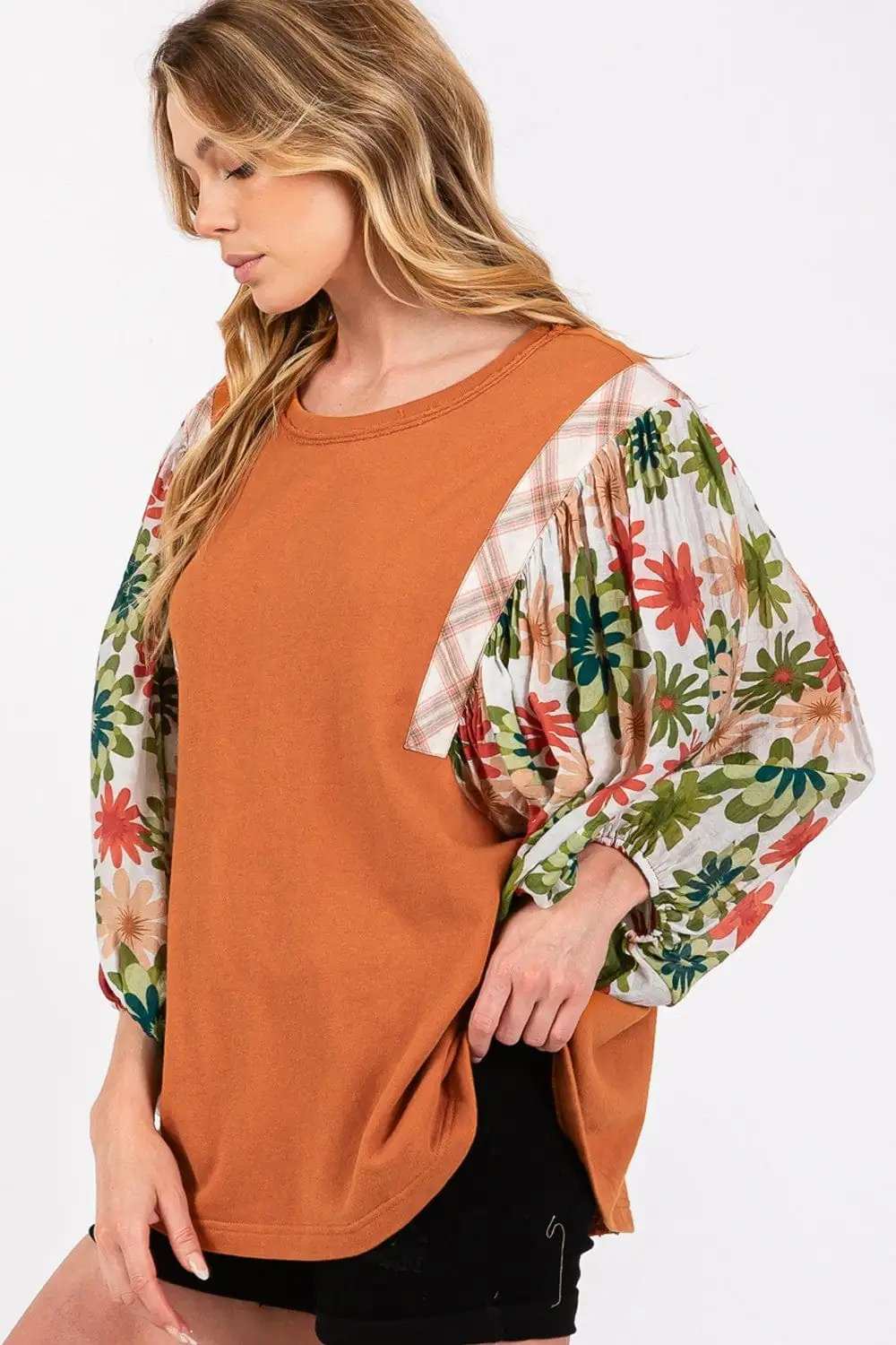 SAGE + FIG Full Size Printed Balloon Sleeve Contrast Top - Trendsi - Flyclothing LLC