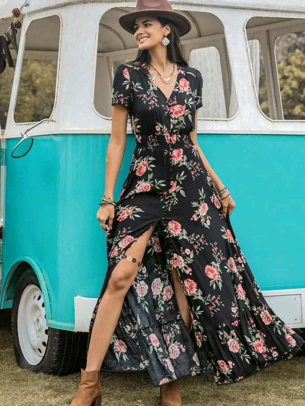Split Printed V-Neck Short Sleeve Dress - Trendsi - Flyclothing LLC