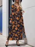 Split Printed Surplice Long Sleeve Midi Dress - Trendsi