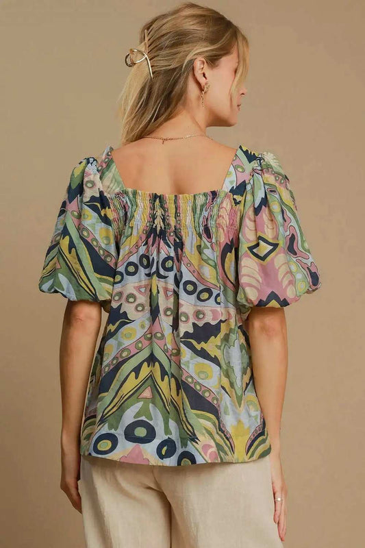Umgee Full Size Abstract Print Smocked Square Neck Puff Sleeve Blouse - Trendsi - Flyclothing LLC