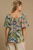 Umgee Full Size Abstract Print Smocked Square Neck Puff Sleeve Blouse - Trendsi