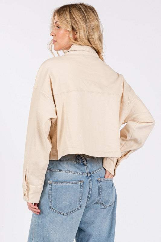 bytos Button Down Cropped Denim Jacket with Patch Pockets - Trendsi - Flyclothing LLC