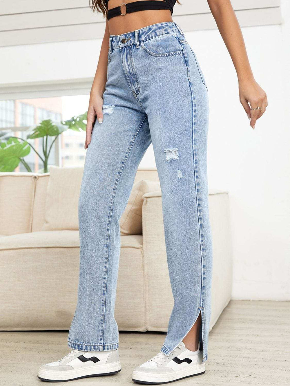 Distressed Slit Straight Leg Jeans - Trendsi - Flyclothing LLC