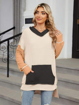 Double Take Contrast Hooded Long Sleeve Top - Trendsi - Flyclothing LLC