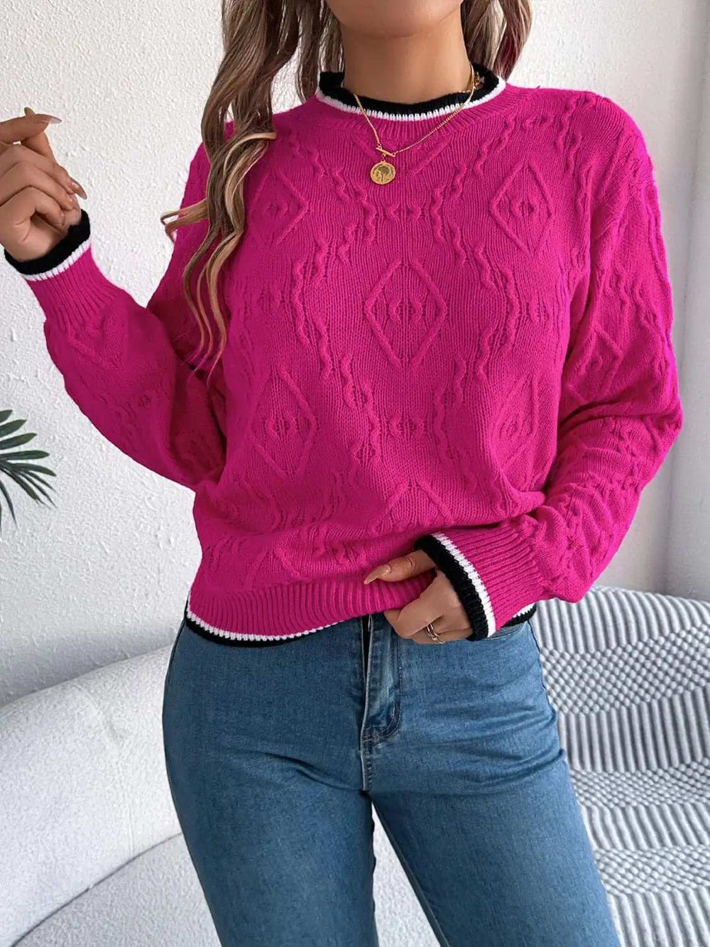 Contrast Trim Round Neck Long Sleeve Sweater - Trendsi - Flyclothing LLC