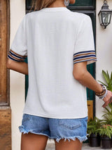 Contrast Stripes Notched Short Sleeve Blouse - Trendsi - Flyclothing LLC
