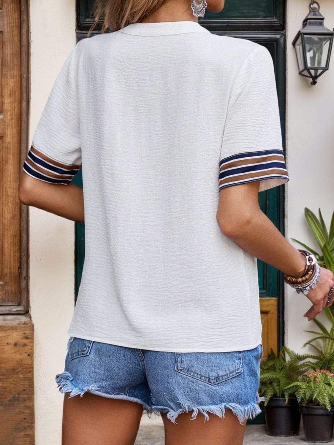 Contrast Stripes Notched Short Sleeve Blouse - Trendsi - Flyclothing LLC