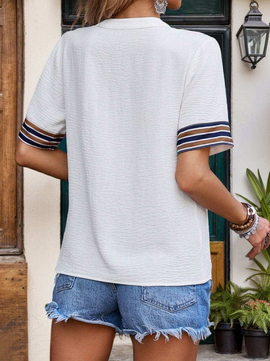 Contrast Stripes Notched Short Sleeve Blouse - Trendsi - Flyclothing LLC