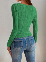 Textured Round Neck Long Sleeve Top - Trendsi - Flyclothing LLC