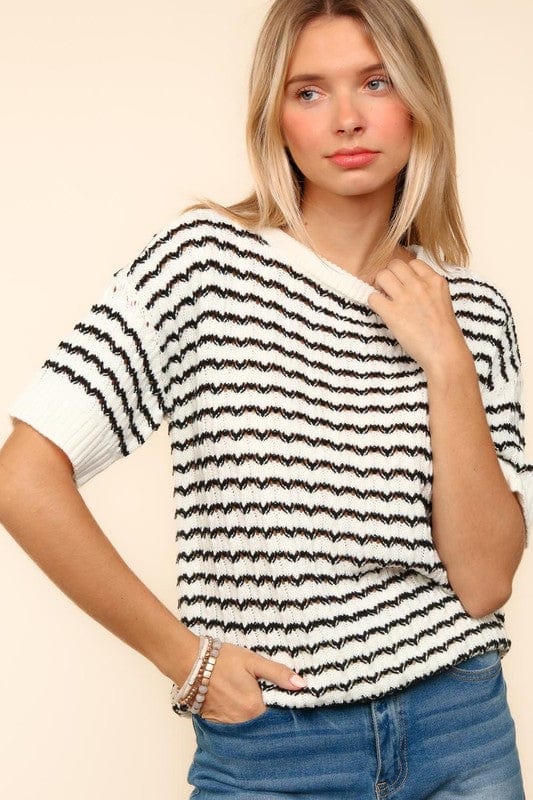 Haptics Openwork Striped Round Neck Half Sleeve Knit Top - Trendsi