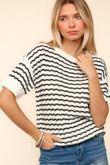 Haptics Openwork Striped Round Neck Half Sleeve Knit Top - Trendsi