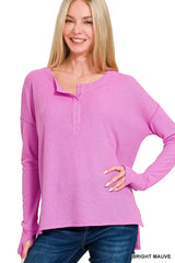 Zenana Waffle Thumb Hole Cuffs Henley Tee - Trendsi - Flyclothing LLC
