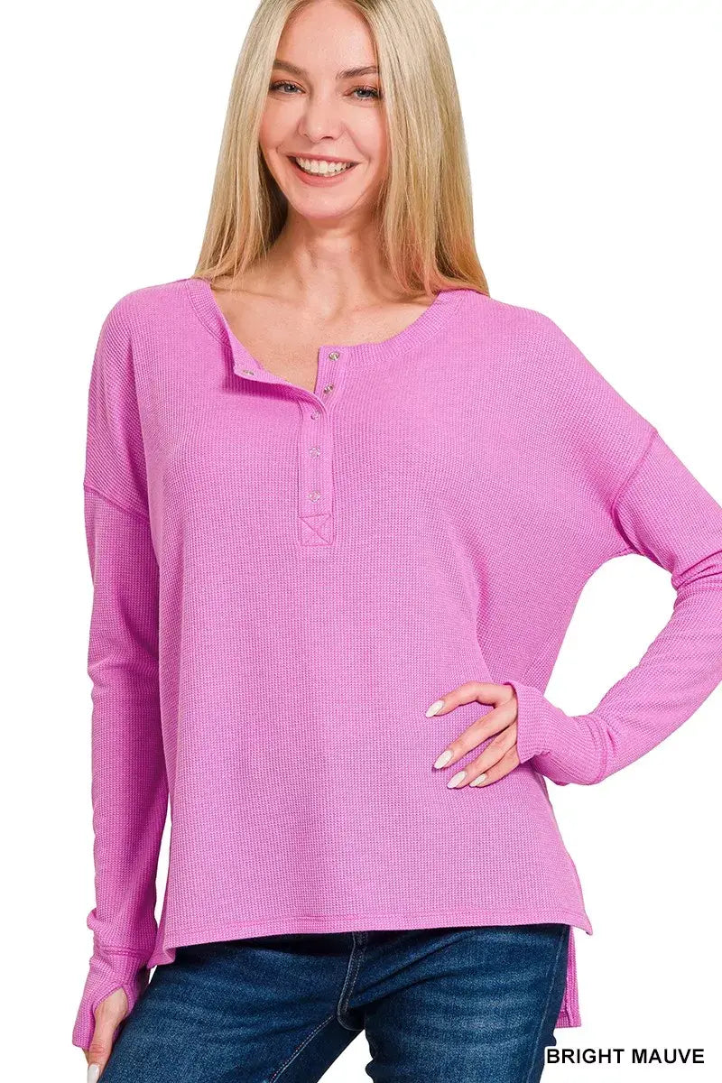 Zenana Waffle Thumb Hole Cuffs Henley Tee - Trendsi - Flyclothing LLC