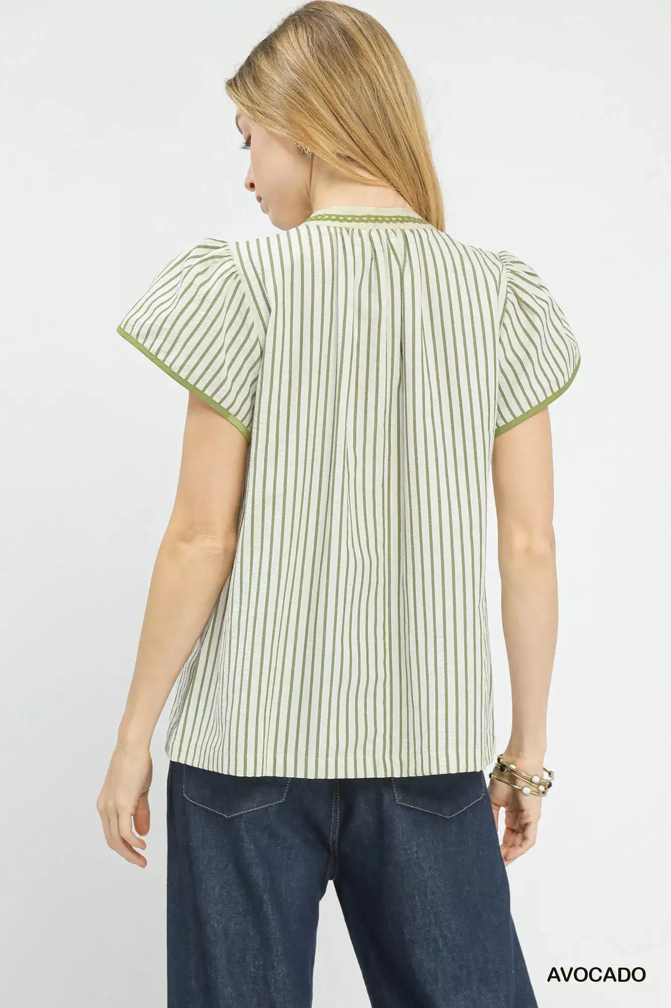 Umgee V-Neck Stripe Top with Lace Trim - Trendsi - Flyclothing LLC