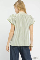 Umgee V-Neck Stripe Top with Lace Trim - Trendsi - Flyclothing LLC