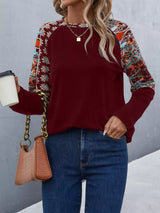 Printed Raglan Sleeve Round Neck T-Shirt - Trendsi - Flyclothing LLC