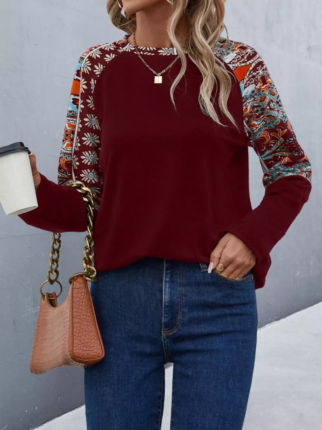 Printed Raglan Sleeve Round Neck T-Shirt - Trendsi - Flyclothing LLC