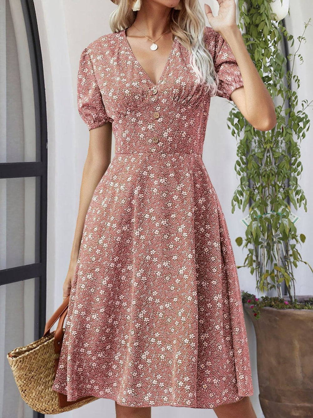Printed V-Neck Short Sleeve Dress - Trendsi