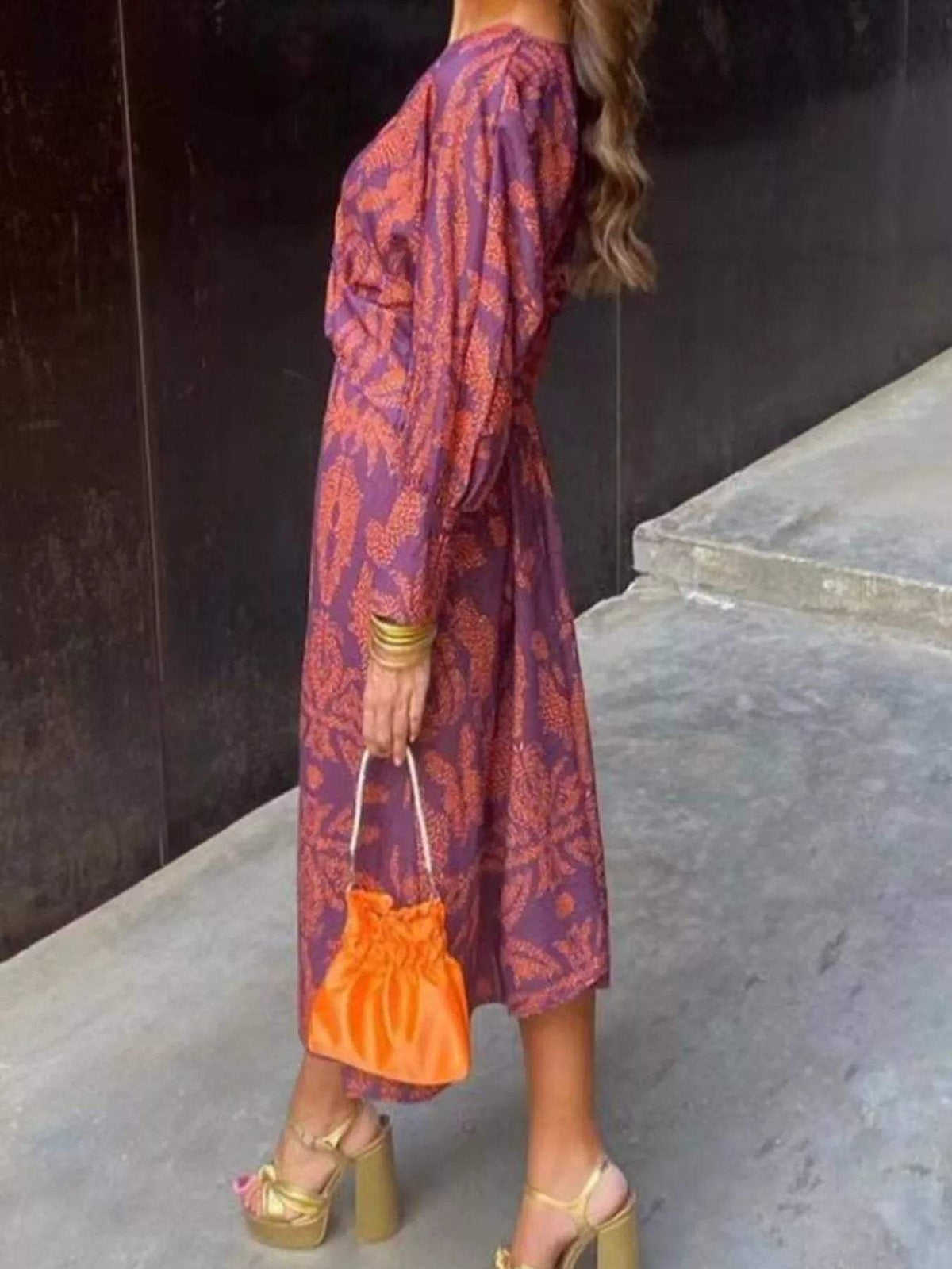 Full Size Printed V-Neck Long Sleeve Twisted Midi Dress Plus Size - Trendsi - Flyclothing LLC