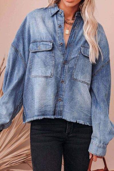 Collared Neck Raw Hem Long Sleeve Denim Shirt - Trendsi - Flyclothing LLC