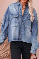 Collared Neck Raw Hem Long Sleeve Denim Shirt - Trendsi - Flyclothing LLC