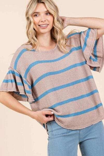 Mittoshop Striped Flounce Sleeve Knit Top - Trendsi - Flyclothing LLC