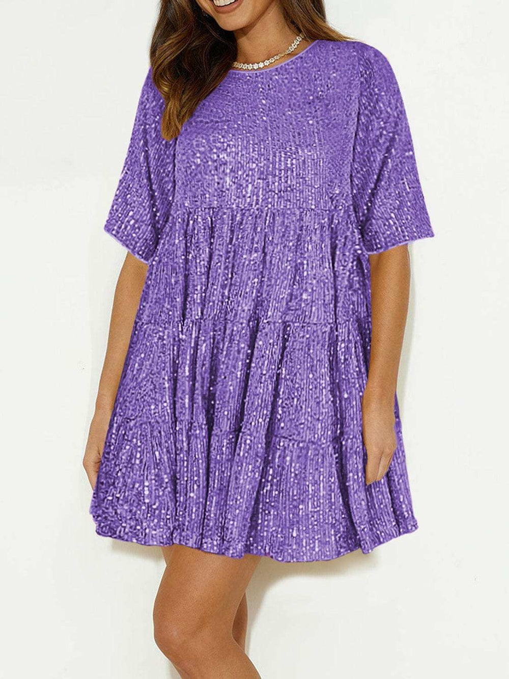 Sequin Round Neck Half Sleeve Mini Dress - Trendsi - Flyclothing LLC