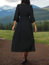 Slit V-Neck Long Sleeve Midi Dress - Trendsi - Flyclothing LLC