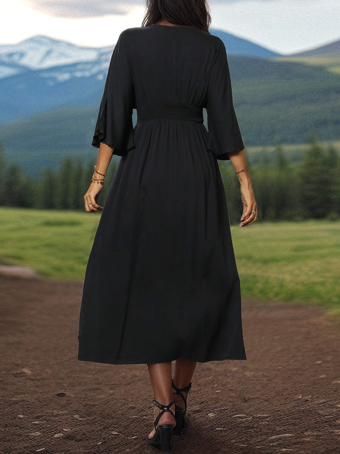 Slit V-Neck Long Sleeve Midi Dress - Trendsi - Flyclothing LLC