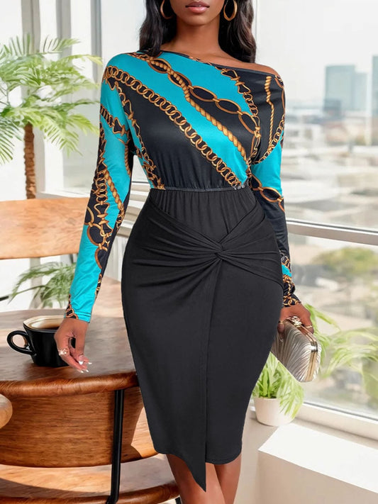 Perfee Twisted Printed Long Sleeve Dress - Trendsi