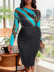 Perfee Twisted Printed Long Sleeve Dress - Trendsi