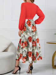 Pleated Printed Surplice Long Sleeve Dress - Trendsi