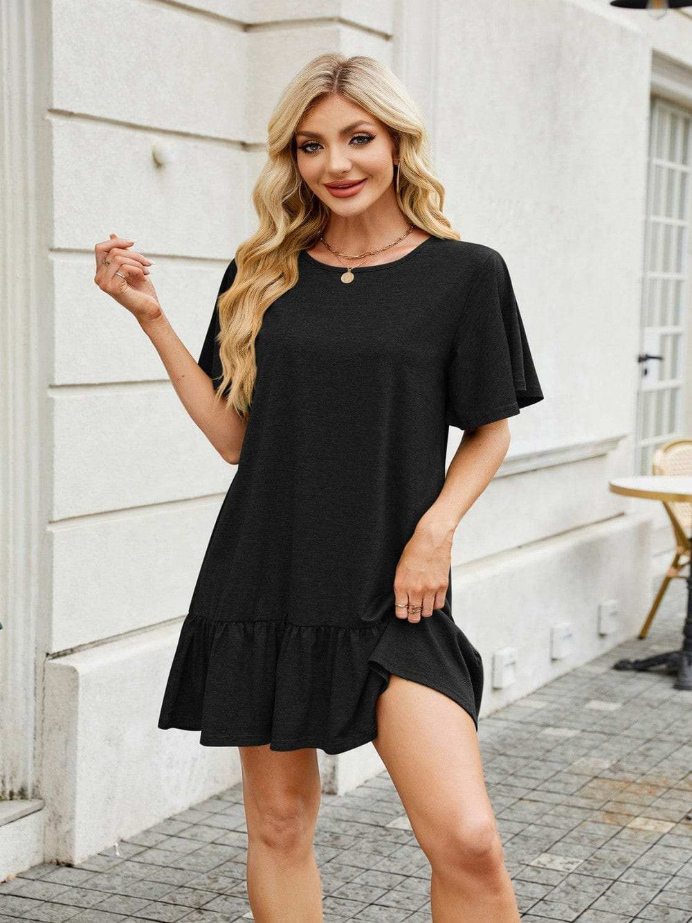 Round Neck Short Sleeve Mini Dress - Trendsi - Flyclothing LLC