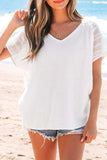 Lace Crochet Textured Button Back V Neck T Shirt - Trendsi - Flyclothing LLC