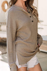 Quarter Button Round Neck Dropped Shoulder Knit Top - Trendsi - Flyclothing LLC