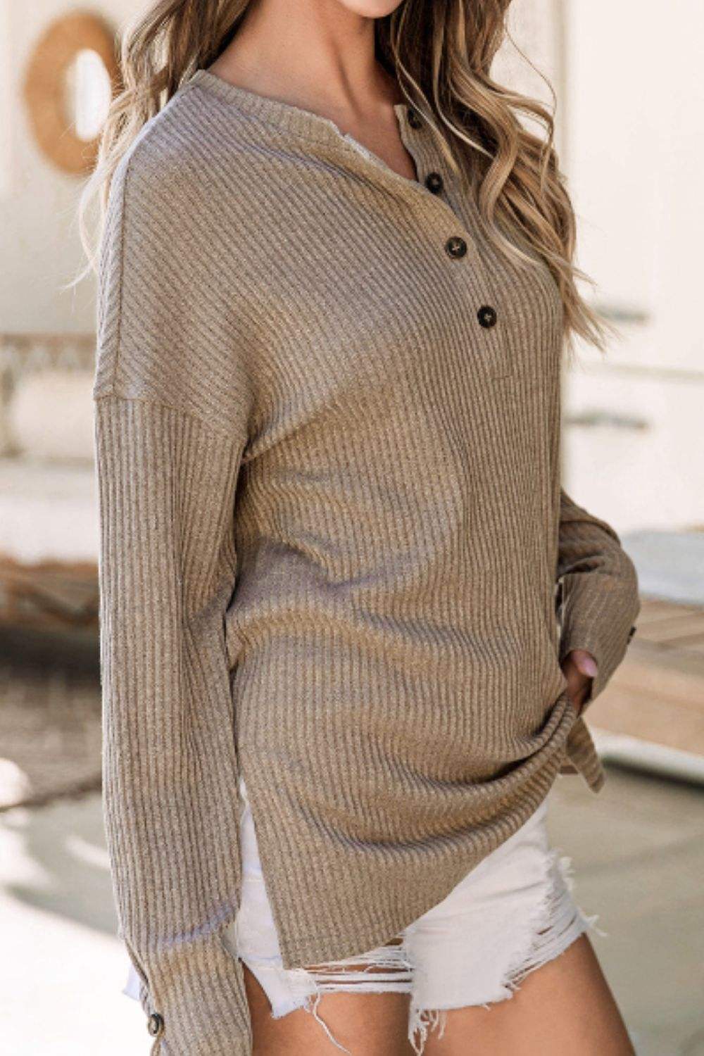 Quarter Button Round Neck Dropped Shoulder Knit Top - Trendsi - Flyclothing LLC