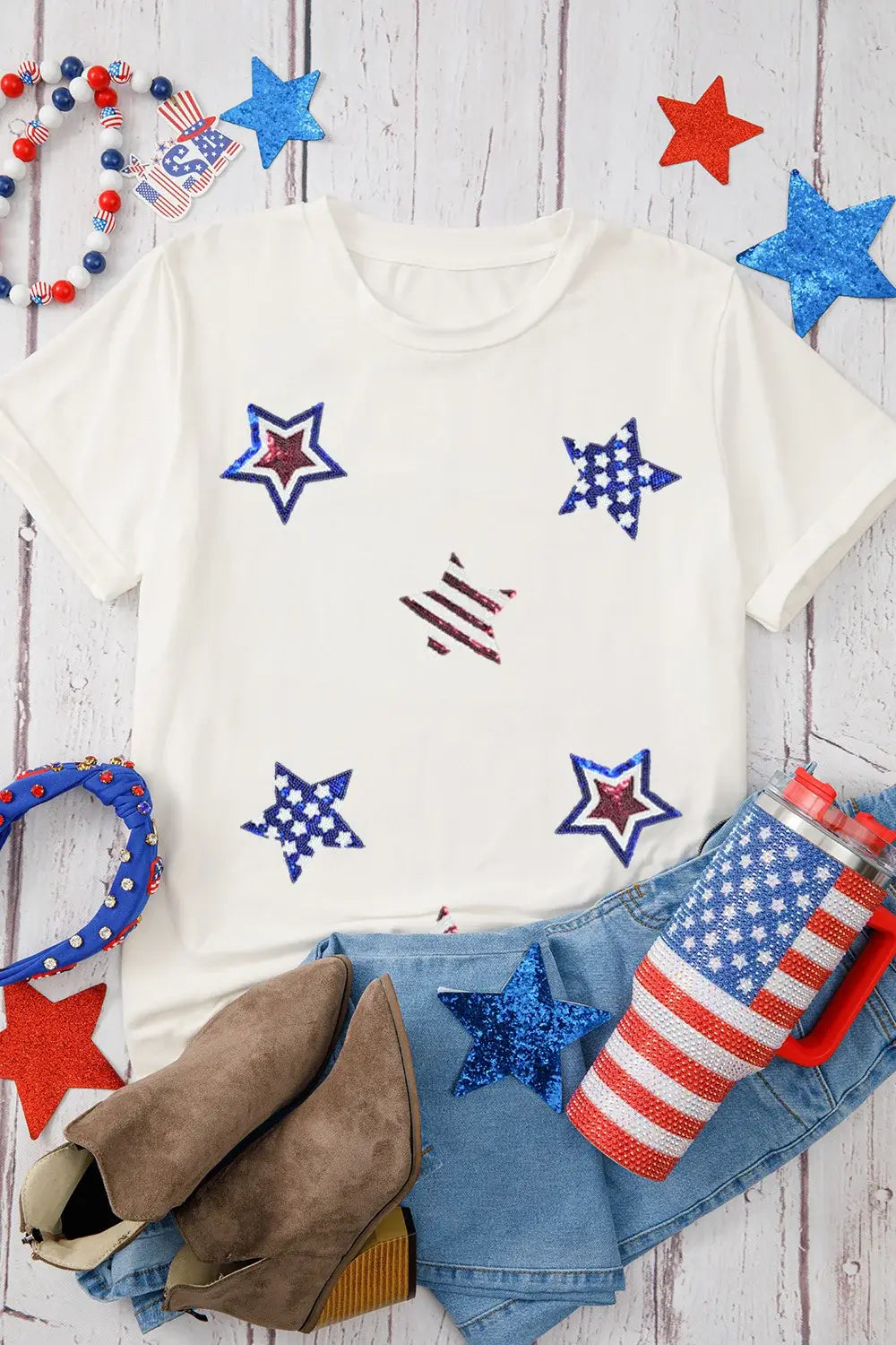 Sequin Star Round Neck Short Sleeve T-Shirt - Trendsi - Flyclothing LLC