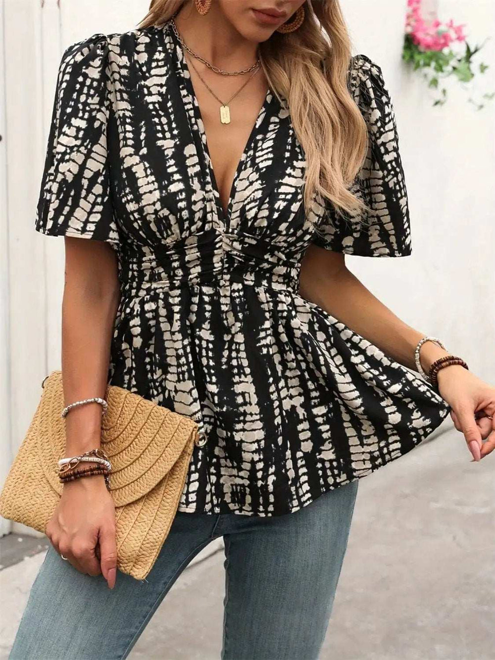 Printed V-Neck Half Sleeve Blouse - Trendsi - Flyclothing LLC