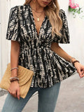 Printed V-Neck Half Sleeve Blouse - Trendsi - Flyclothing LLC