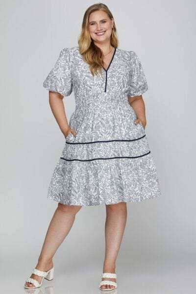She + Sky Full Size Printed V-Neck Puff Sleeve Tiered Dress Plus Size - Trendsi - Flyclothing LLC