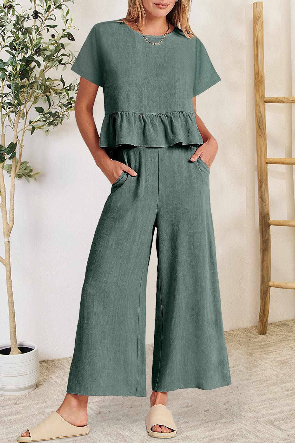 Peplum Round Neck Short Sleeve Top and Pants Set - Trendsi