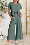 Peplum Round Neck Short Sleeve Top and Pants Set - Trendsi - Flyclothing LLC