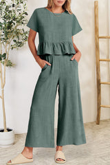 Peplum Round Neck Short Sleeve Top and Pants Set - Trendsi