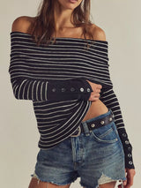Striped Off-Shoulder Long Sleeve Knit Top - Trendsi - Flyclothing LLC