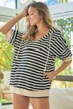 BiBi Stripe Fleece Notch Neck Short Sleeve Hoodie - Trendsi - Flyclothing LLC