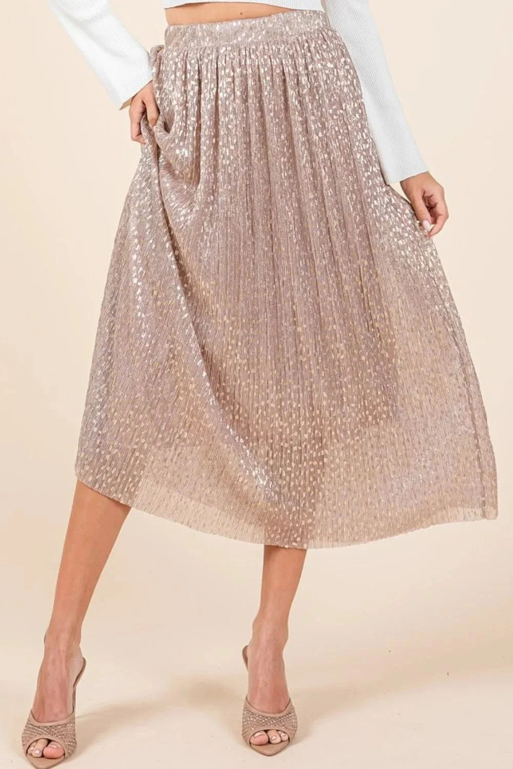 Mittoshop Metallic Glitter Speckle Print Elastic Midi Skirt - Trendsi