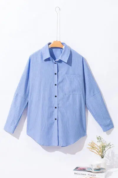Striped Collared Neck Long Sleeve Shirt - Trendsi - Flyclothing LLC